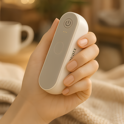 Chauffe-main rechargeable SAVYWARM™ tenu dans la main d’une personne, ambiance cosy avec tasse et couverture floue à l’arrière-plan, illustrant le confort et la chaleur portative du produit.