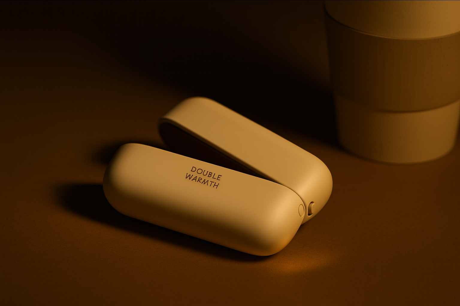 Chauffe-main rechargeable SAVYWARM™ beige, posé sur une surface chaude avec une tasse en arrière-plan, illustrant une ambiance cosy et raffinée.