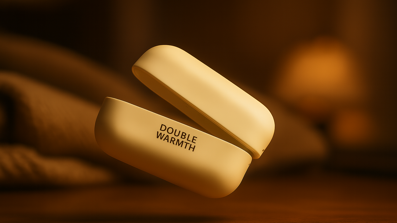 Chauffe-main rechargeable SAVYWARM™ beige flottant dans une ambiance chaude et dorée, illustrant son design magnétique détachable et sa double fonction chauffante.