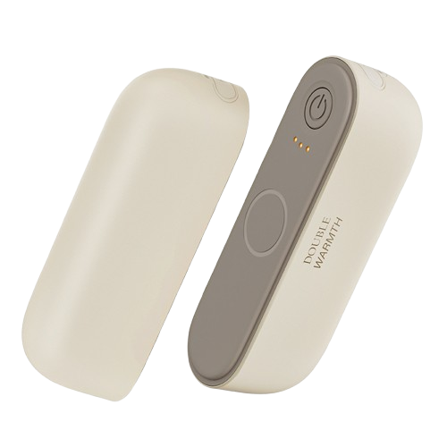 Chauffe-main rechargeable SAVYWARM™ blanc ivoire, design magnétique détachable avec double surface chauffante et bouton central élégant.