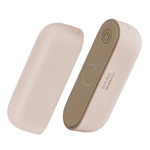 Chauffe-main rechargeable SAVYWARM™ rose poudré, design magnétique détachable avec double surface chauffante et bouton d’allumage central.