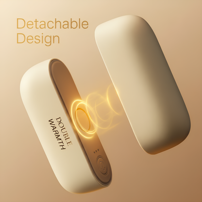 Chauffe-main double SAVYWARM™ illustré en séparation magnétique, avec effet lumineux doré mettant en valeur son système détachable innovant pour une chaleur personnalisée des deux côtés.