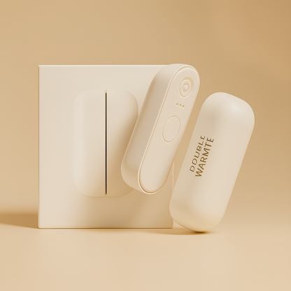 Chauffe-main rechargeable SAVYWARM™ présenté avec sa boîte d’emballage beige, mettant en valeur son design minimaliste, sa texture douce et son style premium.