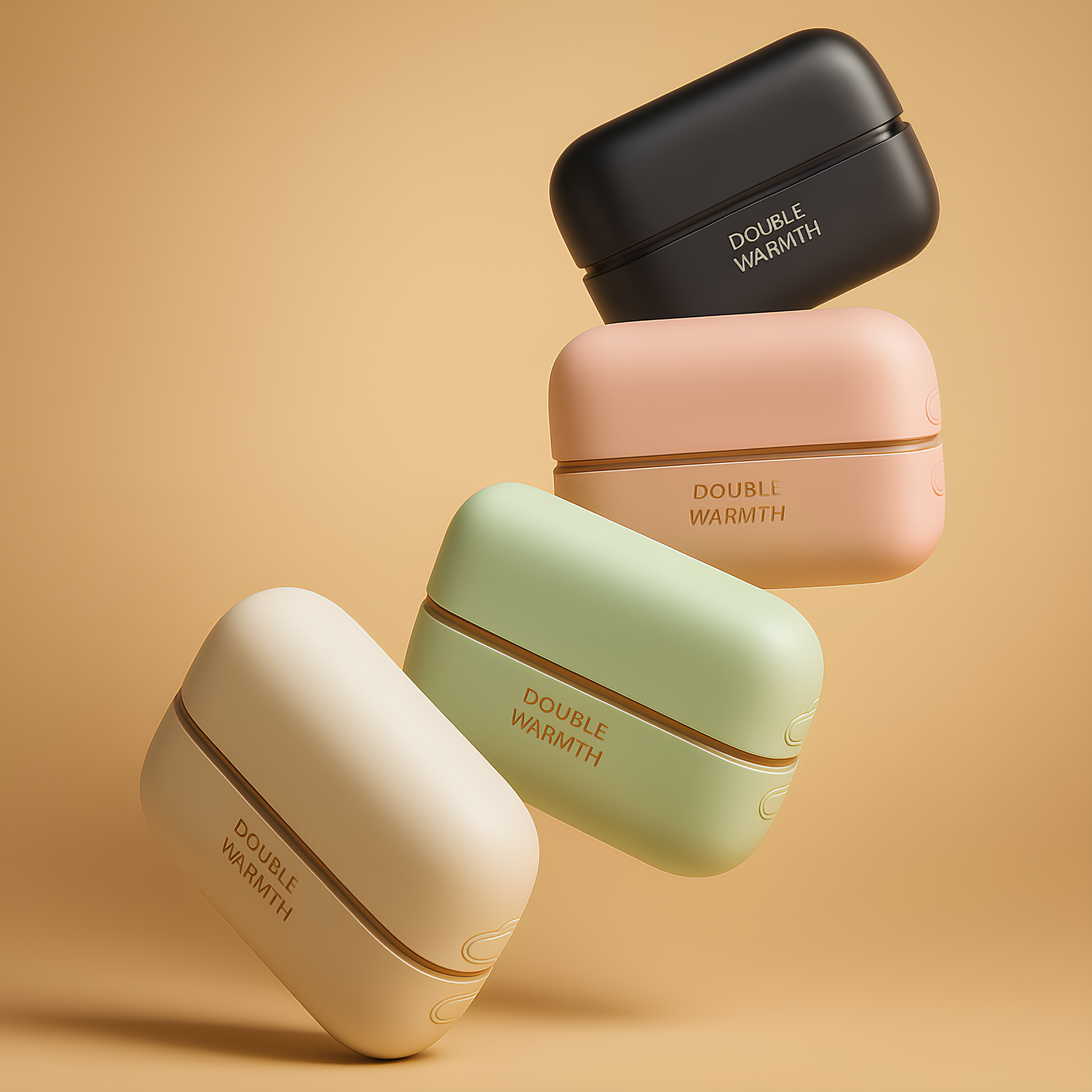 Collection complète du chauffe-main rechargeable SAVYWARM™ déclinée en quatre coloris : noir profond, rose poudré, vert menthe et beige sable, présentée sur fond chaud et harmonieux.