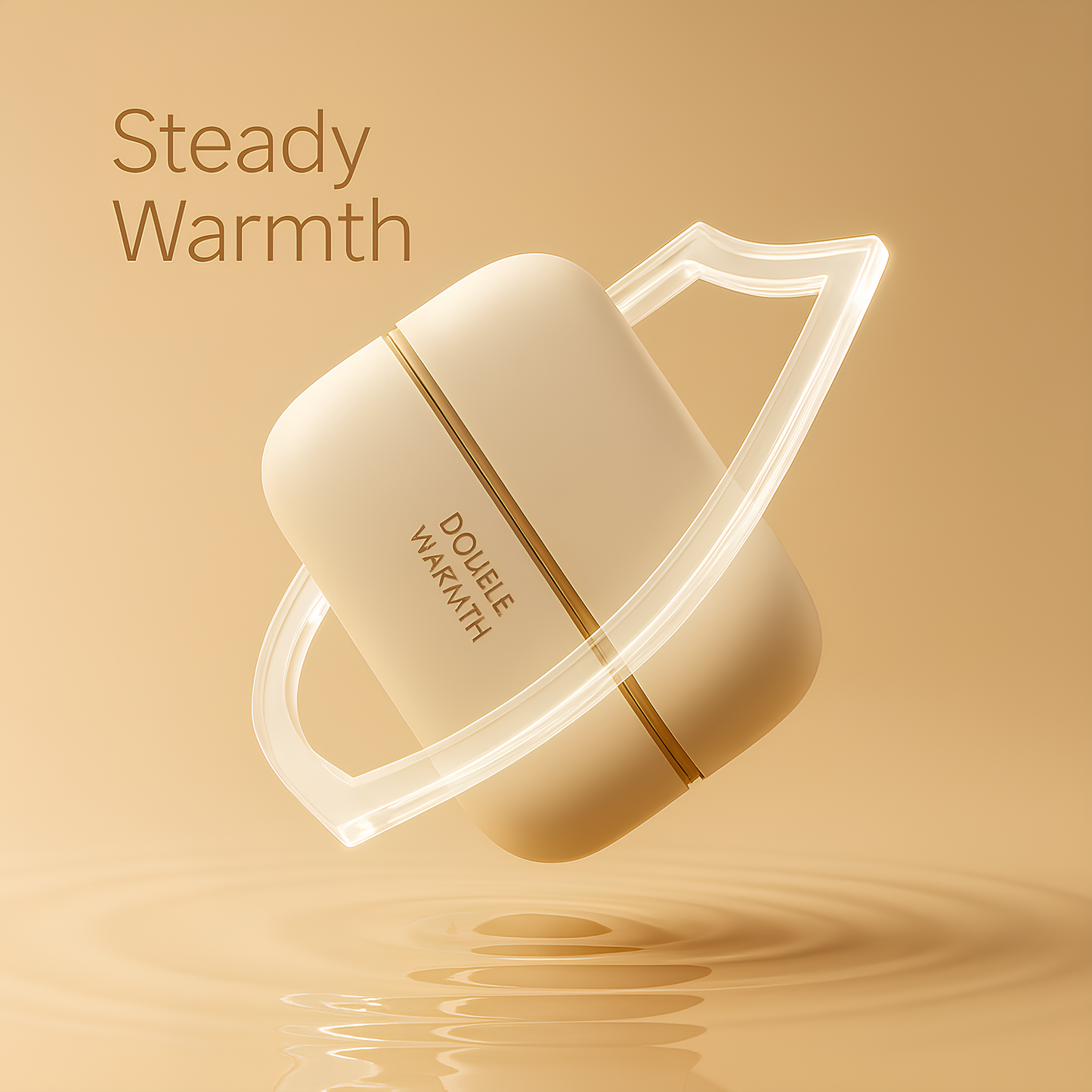 Chauffe-main rechargeable SAVYWARM™ présenté dans une mise en scène artistique dorée, symbolisant la chaleur stable et le confort raffiné de son design magnétique.