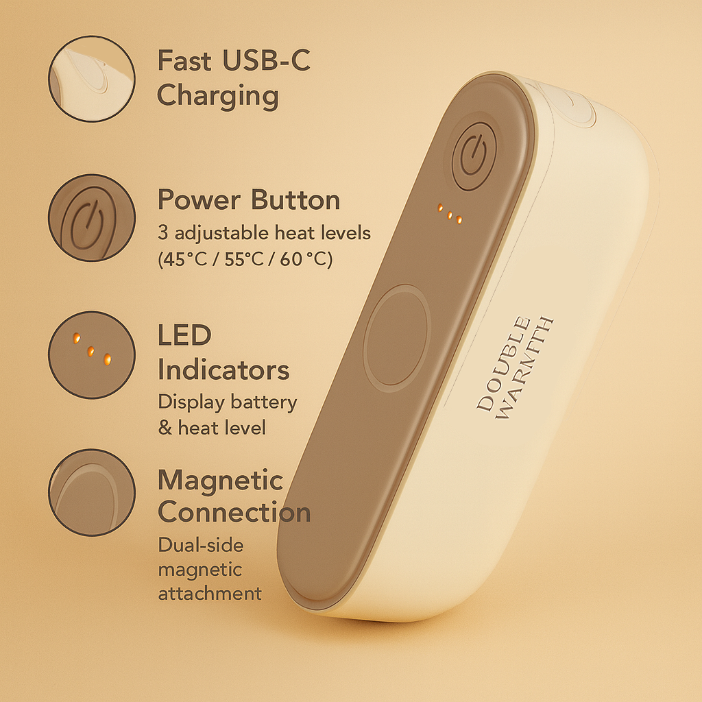 Chauffe-main rechargeable SAVYWARM™ avec détails techniques illustrés : recharge rapide USB-C, bouton d’alimentation à 3 niveaux de chaleur (45°C, 55°C, 60°C), indicateurs LED de batterie et de chaleur, et connexion magnétique double-face.